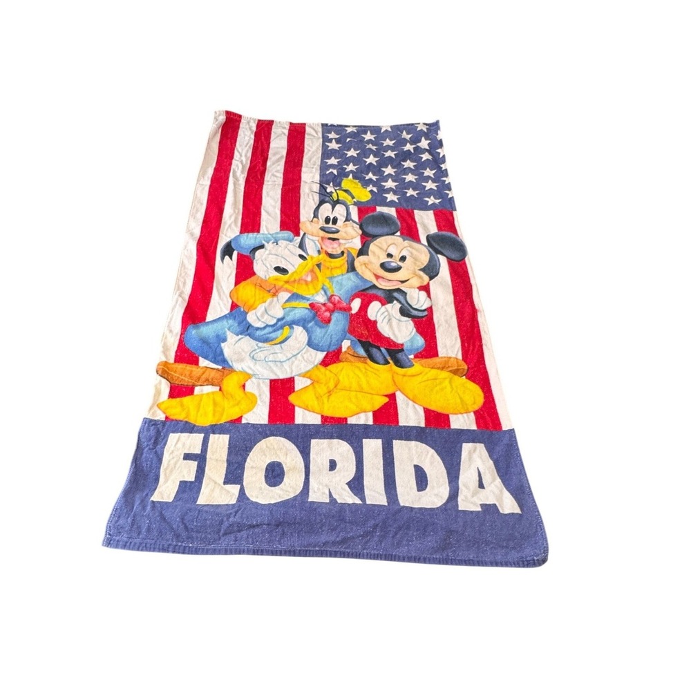 Vintage Disney Florida Beach Towel Mickey‎ Donald Goofy USA Flag Americana Retro